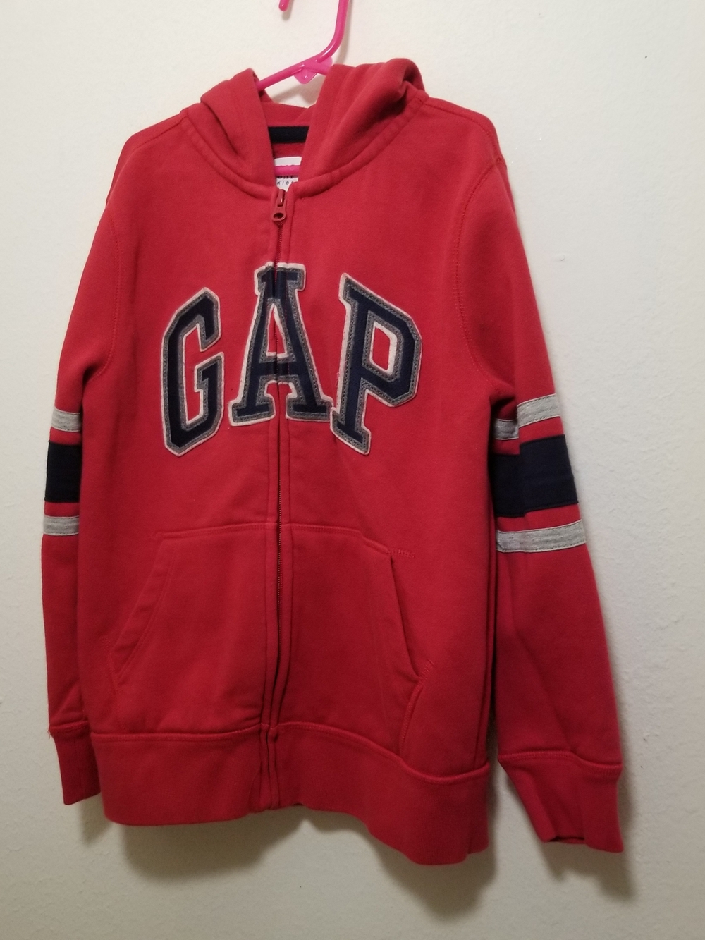 GAP Kid's Medium Red Zip Hoodie with Navy and Gray Sleeve Stripes